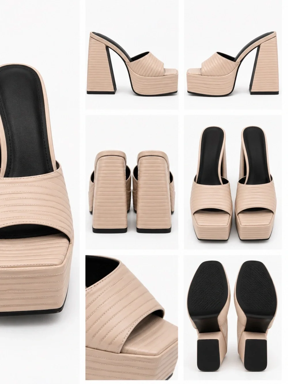 Quilted Platform Slide Mules — Beige